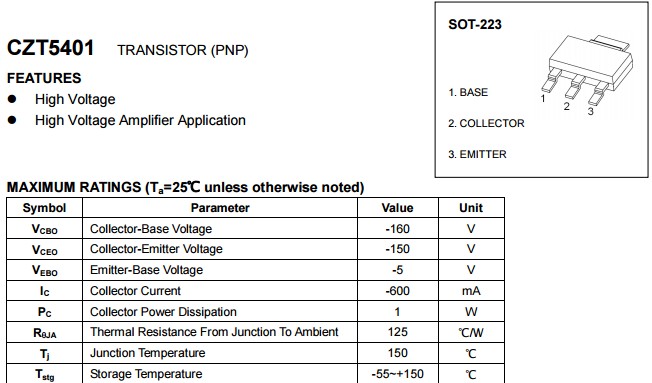 长电CZT5401贴片三极管核心参数表